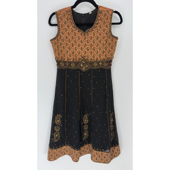 Dresses & Skirts - Vintage Style Beaded Paisley Midi Dress Black Orange Gold‎ Embellished Size 36